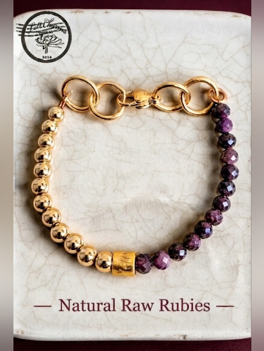 Natural Red & Pink Ruby & Gold Beads In Assymetrical Beaded Bracelet